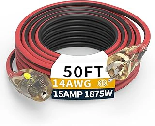 50FT Medium Duty 14/3 Outdoor Extension Cord with LED Lighted Locking Plug